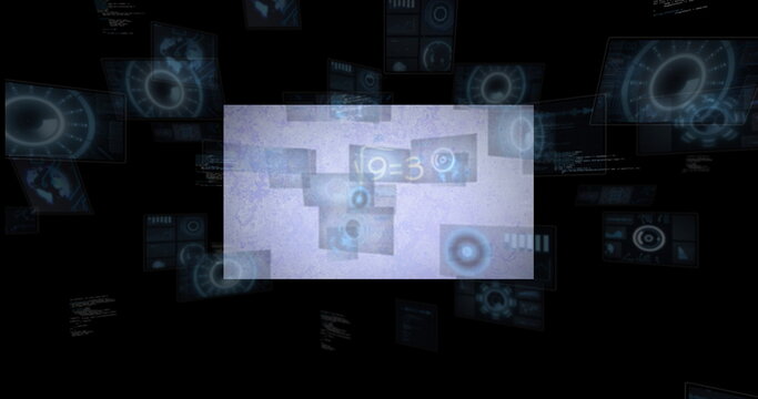 Image of scope scanning over mathematical equations on black background