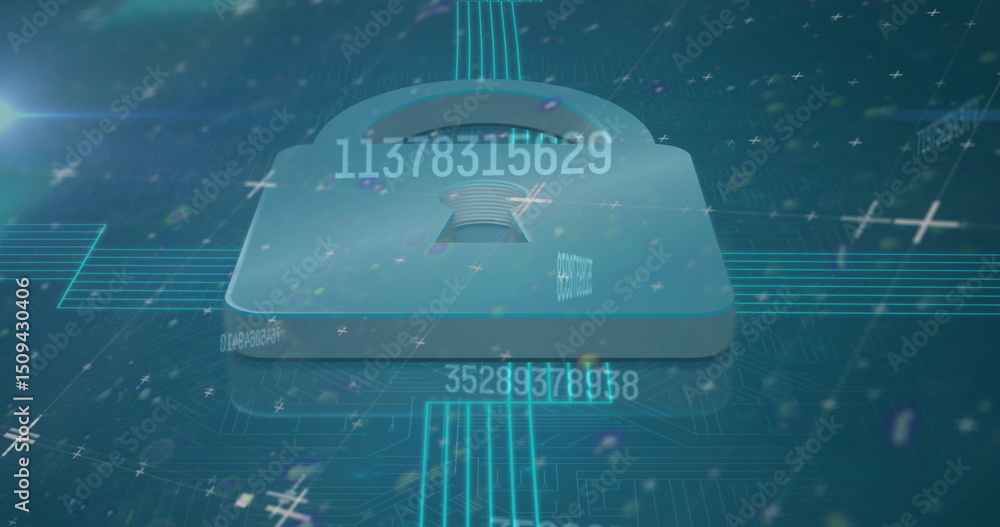 Poster image of data processing over padlock icon on blue background