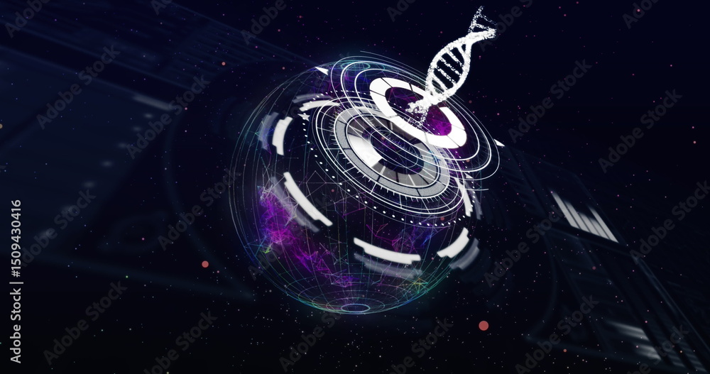 Poster image of scope scanning and globe over data processing on black background
