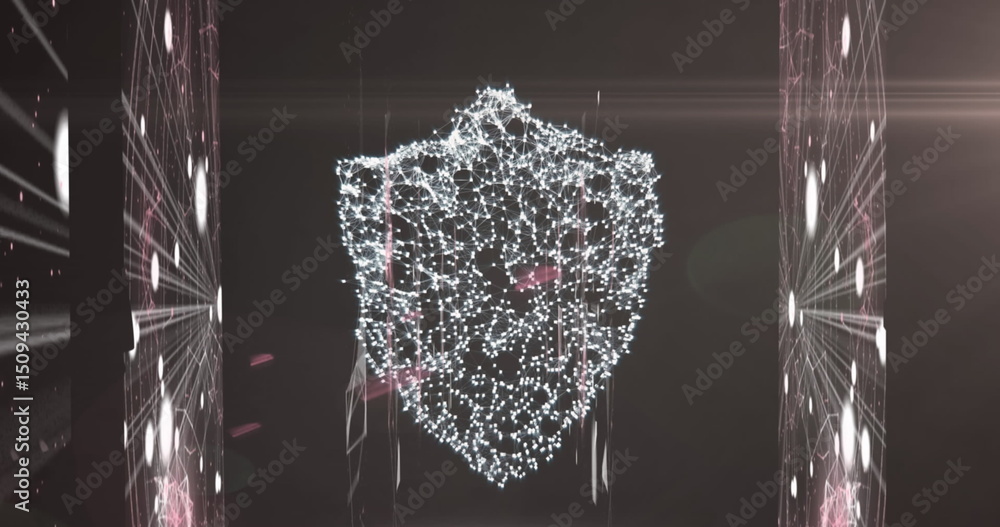 Poster image of network of connections forming shield symbol over glowing screens processing data
