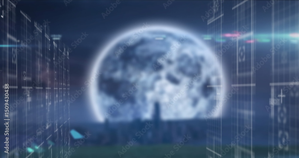 Poster image of moving columns over changing lights on black background