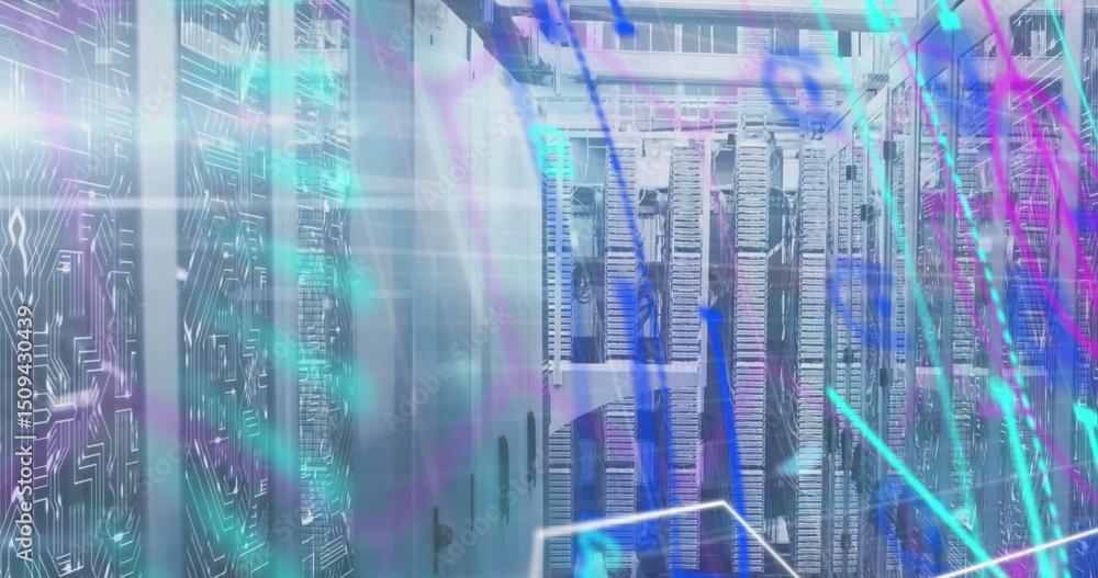 Poster image of colourful data processing over motherboard and computer servers in server room