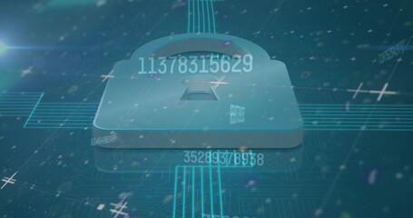 Image of data processing over padlock icon on blue background