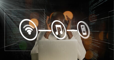 Image of network of connections with icons over african american businessman and data processing