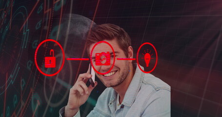 Image of network of connections over caucasian businessman and globe on black background