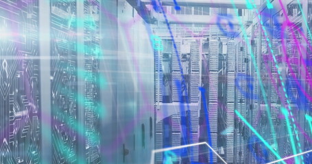 Image of colourful data processing over motherboard and computer servers in server room