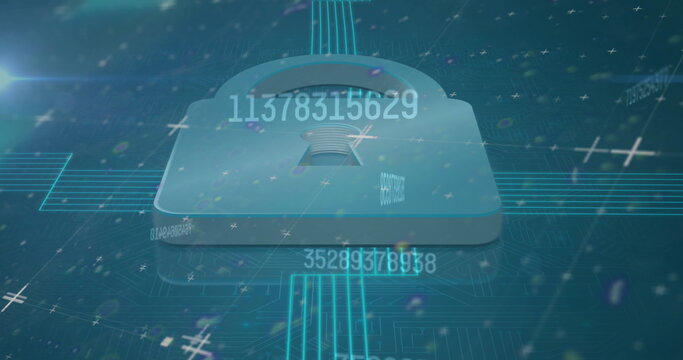 Image of data processing over padlock icon on blue background - Powered by Adobe