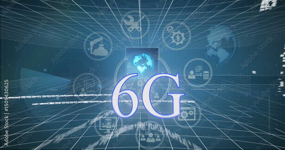 Poster image of 6g text with business and data sharing icons and data processing