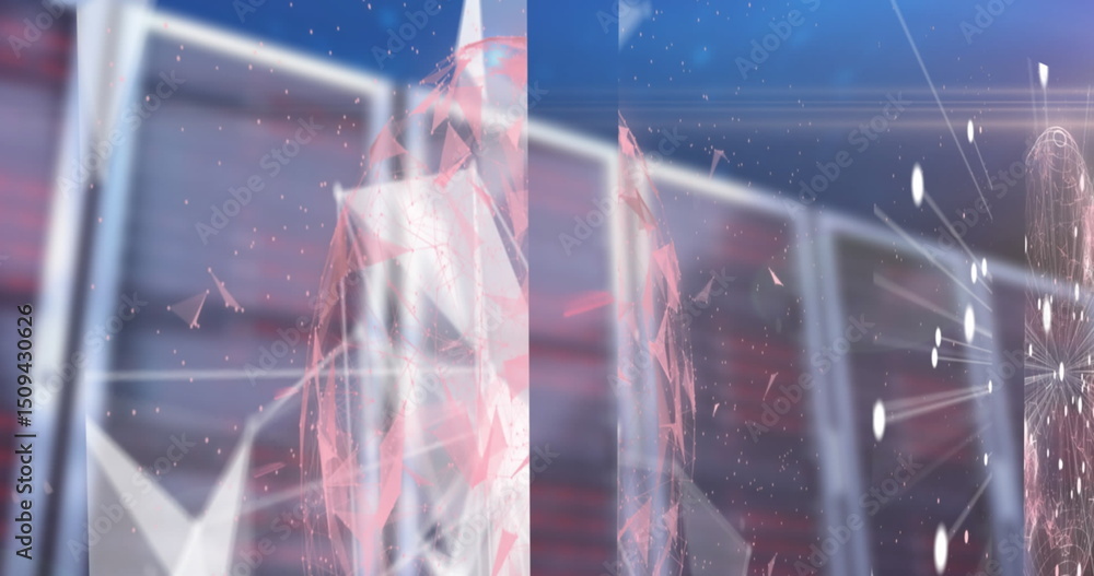 Poster image of abstract shapes with global network and data processing over computer servers