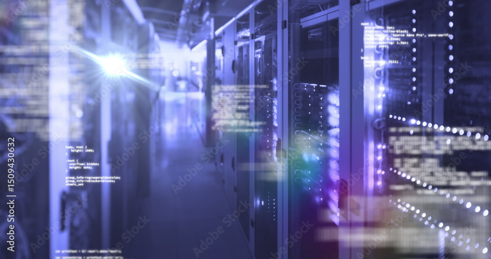 Poster image of data processing over glowing computer servers in server room