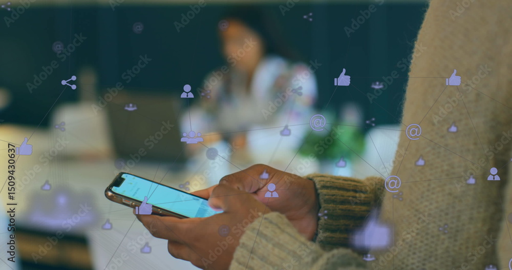 Poster image of connections with icons over hands of man using smartphone