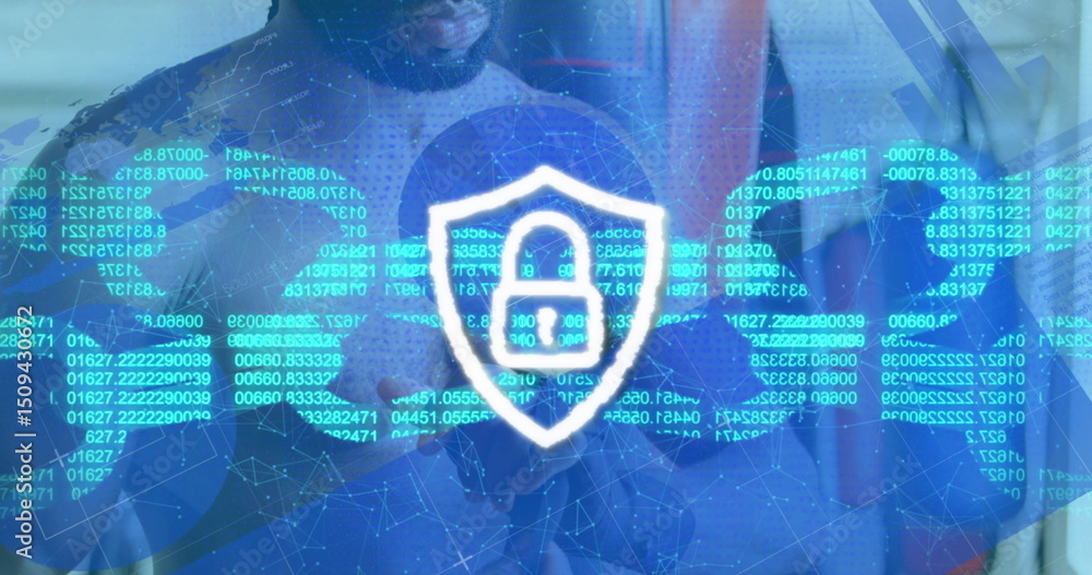 Poster image of block chain and digital padlock over man preparing for box training