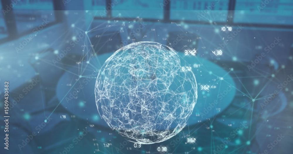 Poster image of network of connections and data processing over empty office