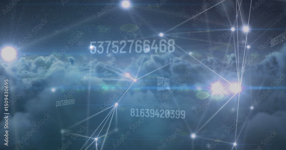 Poster image of changing numbers and glowing network of connections against dark clouds in the sky