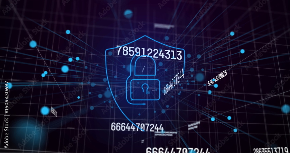 Poster image of data processing and digital shield with padlock on black background