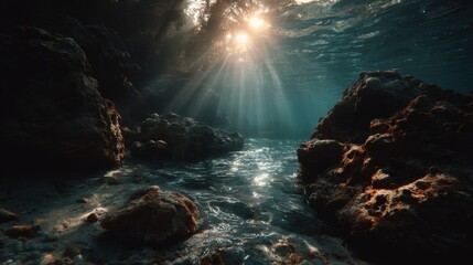 Obraz na płótnie Canvas Underwater top-lit view showing light rays and surface shimmer