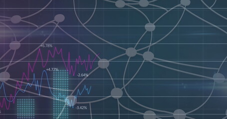Image of financial graphs over connections on navy background