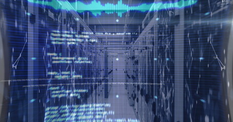 Image of interface screen processing data over glowing communication networks in server room