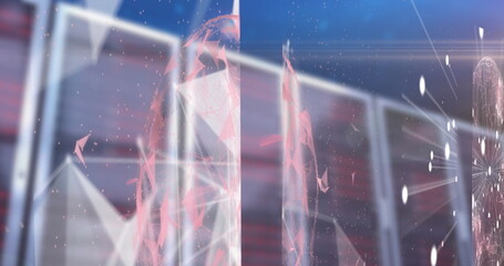 Image of abstract shapes with global network and data processing over computer servers