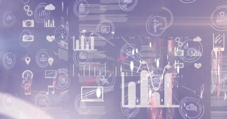 Image of data processing and icons over cityscape