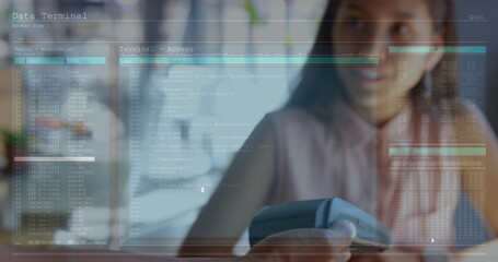 Image of digital interface over women using smartwatch