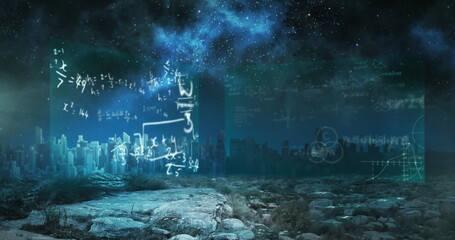 Image of math data, cityscapes on screens and clouds on black background