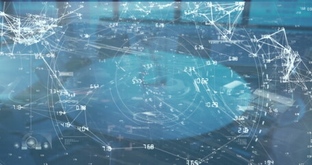 Image of data processing and screens over office interior