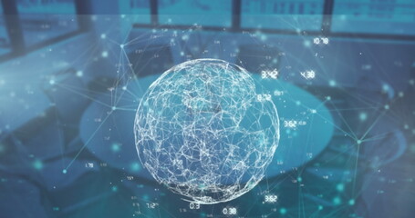 Image of network of connections and data processing over empty office