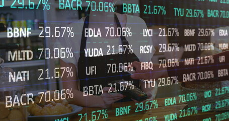 Image of financial data processing over woman in warehouse
