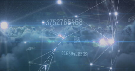 Image of changing numbers and glowing network of connections against dark clouds in the sky