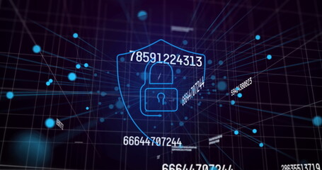 Image of data processing and digital shield with padlock on black background