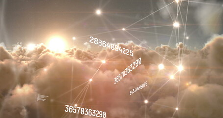Image of network of connections and data processing over sky with clouds