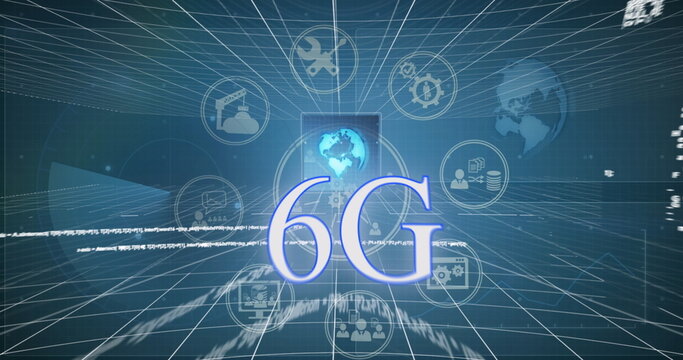 Image of 6g text with business and data sharing icons and data processing