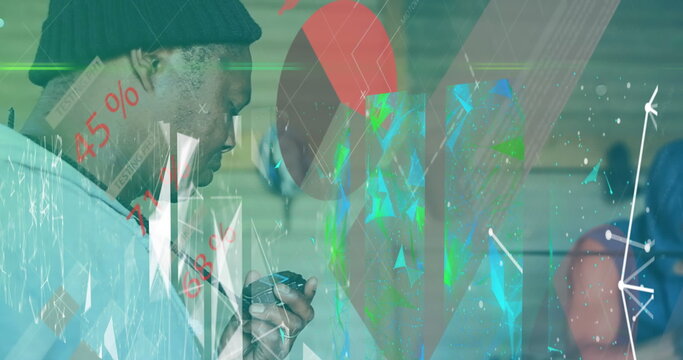 Image of connections and graphs over male trainer on box ring