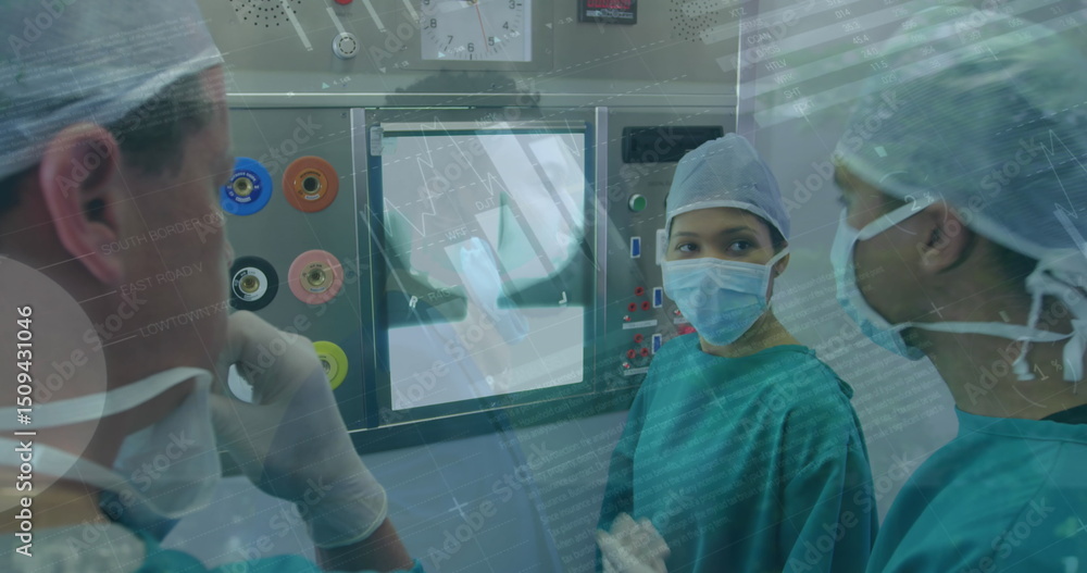 Poster statistical data processing over team of diverse surgeons discussing in operation theatre