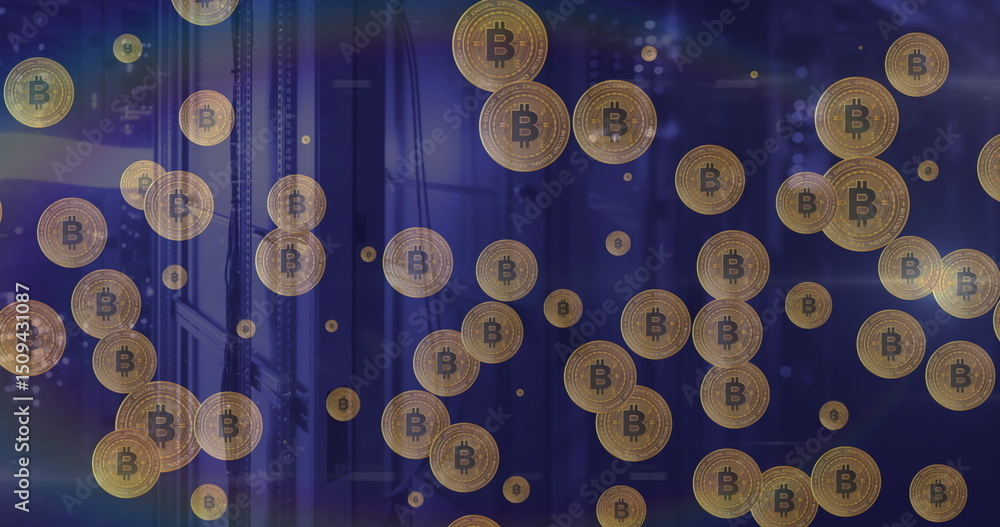 Poster image of bitcoin coins pulsating against computer server room