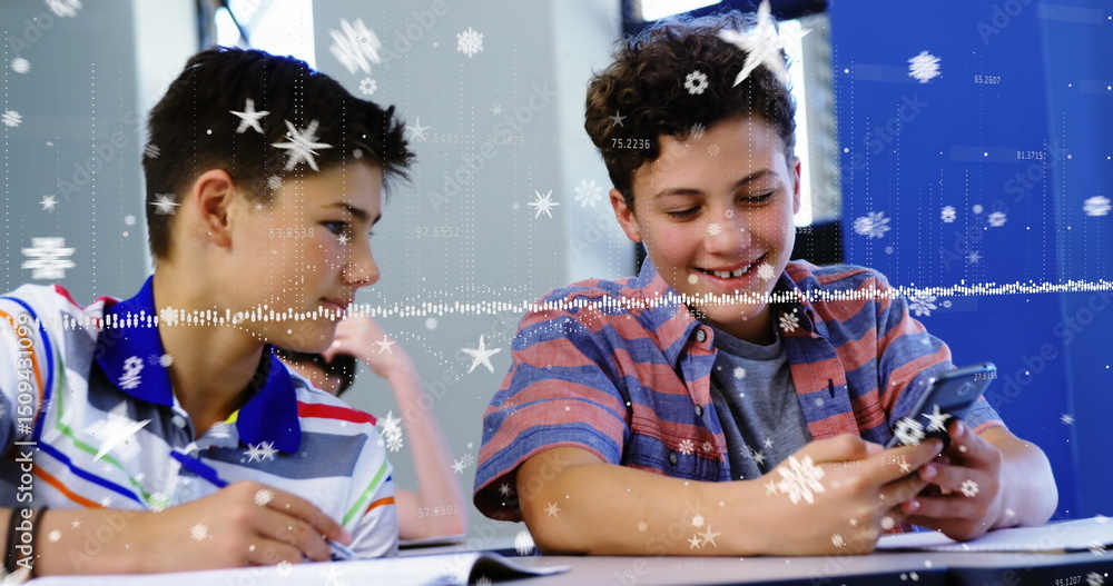 Poster multiple star icons and data processing against two diverse boys using smartphone at school