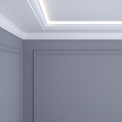 Part of the interior with cornices on the ceiling and walls. 3D render.