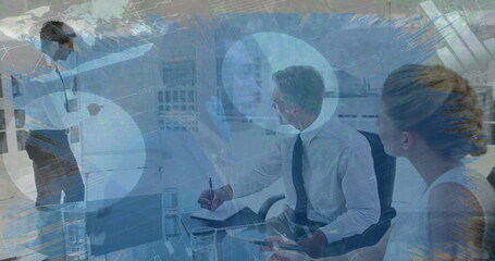 Image of globe and data processing over business people wearing phone headsets