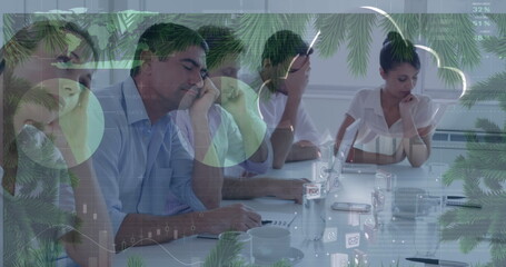 Image of connections over happy diverse students using technology at school