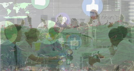 Image of data processing over diverse business people at meeting