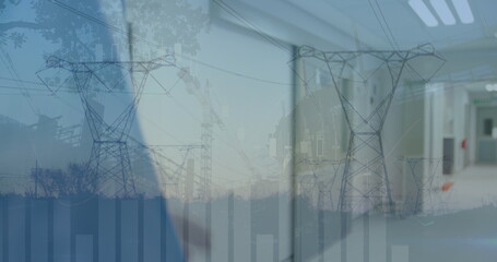 Image of doctor over electricity poles at sunset