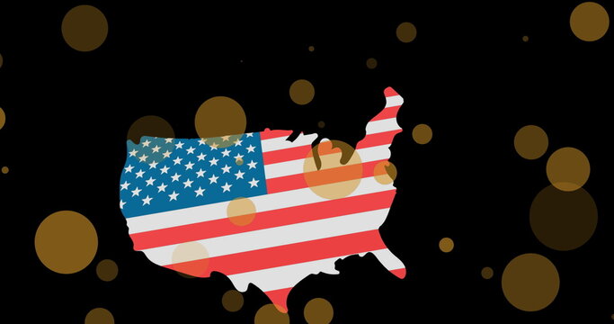 Naklejki Image of light spots over map with flag of usa on black background