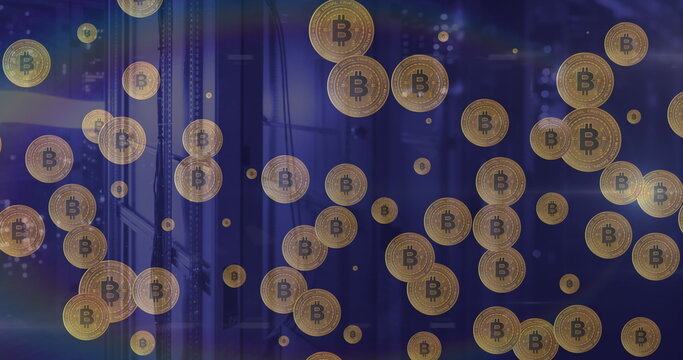 Image of bitcoin coins pulsating against computer server room