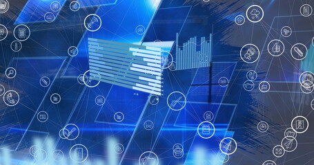 Image of network of connections over data processing and shapes