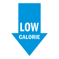 Low Calorie blue arrow on white background vector illustration. Low cal food icon, for packaging of low calories diet products blue arrow down. Healthy lifestyle concept. EPS 10