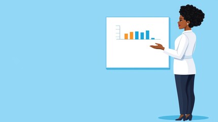 Business chart concept. Businesswoman Presenting Data Insights During Professional Meeting with Chart Graphic on Blue Background