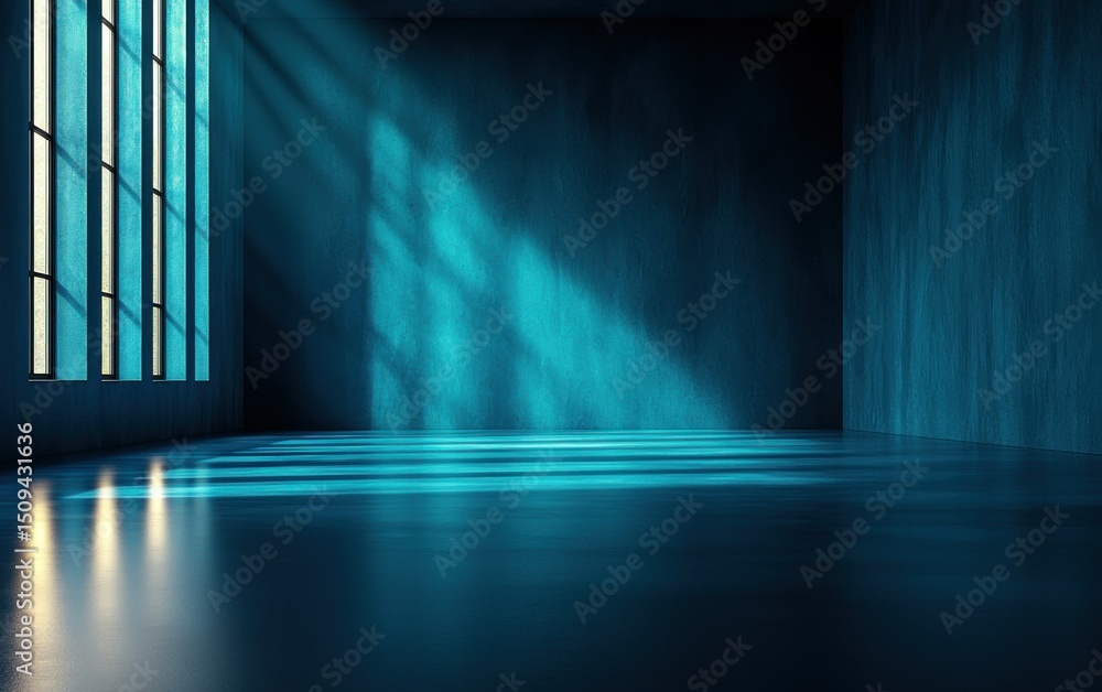 Poster empty dark room; light rays cast through window