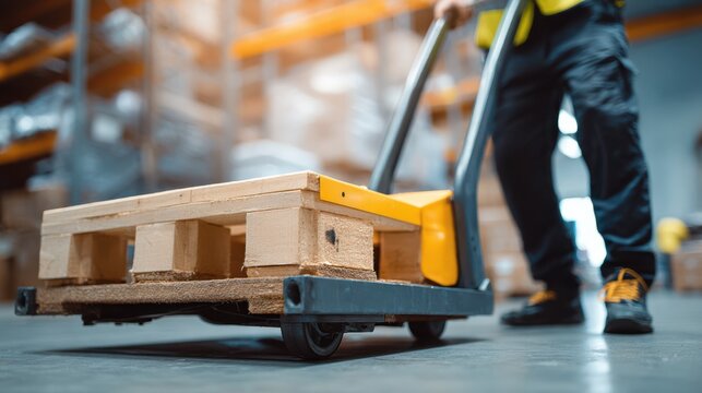 A warehouse worker is moving a wooden pallet with a hand truck. The environment is busy, filled with shelves stocked with various items, reflecting a typical day in logistics