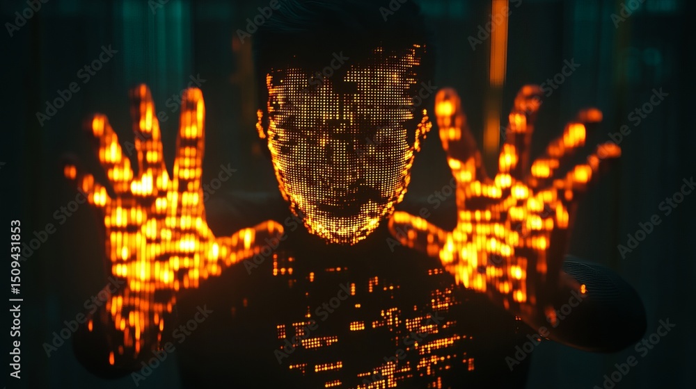 Poster digital humanoid figure with glowing orange hands and face abstract technology concept futuristic ar